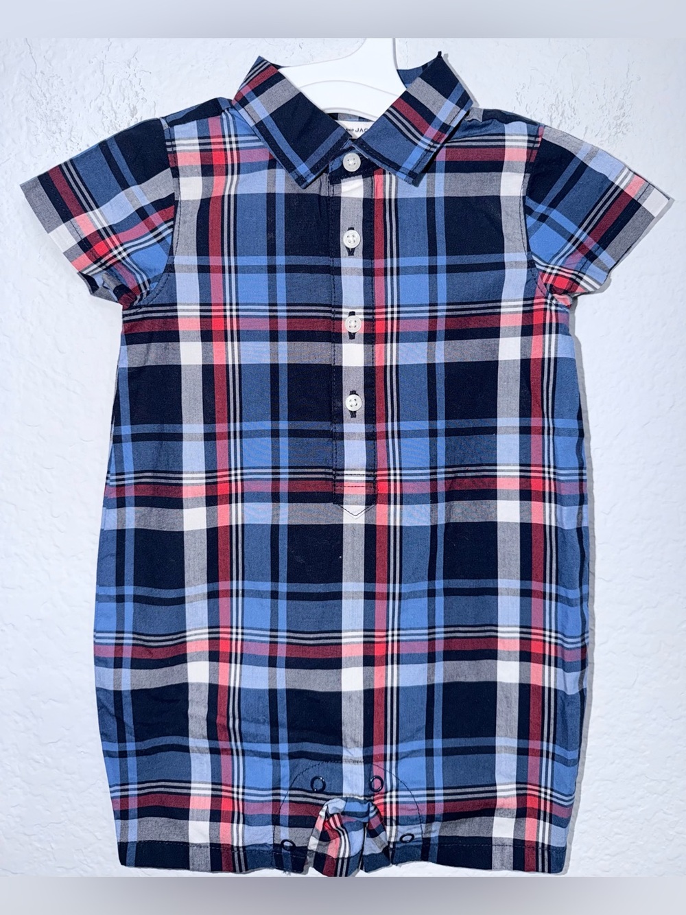 Janie and Jack Romper. Red, White & Blue Plaid. Size 3 to 6 months